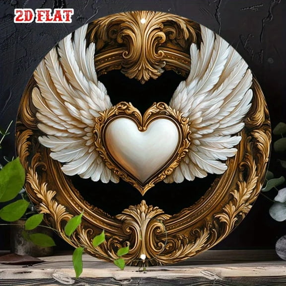 HELLOYOUNG Retro Metal Sign Elegant Heart-Shaped Wings Wall Art, Vintage Tin Plaque for Living Room Decor, Gold White Round Beach House