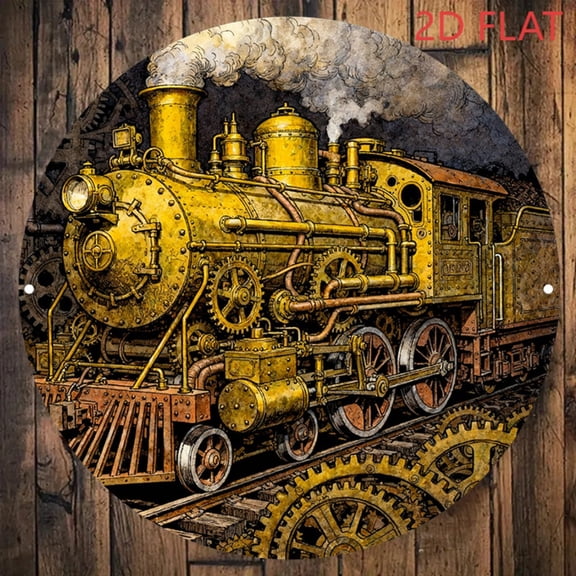 HELLOYOUNG Retro Metal Train Wall Art 8 Inch Round Locomotive Sign Gold Brown Smokey Effect Vintage Railroad Decor for Home Bar Man Cave
