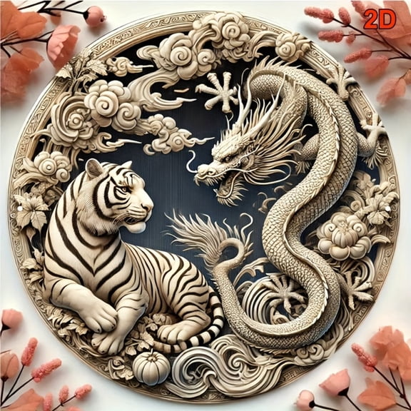 HELLOYOUNG Retro Metal Wall Art 8 Inch Round Chinese Dragon Tiger Decor, Handmade Carved Aluminum Sign for Living Room Office Home Bar