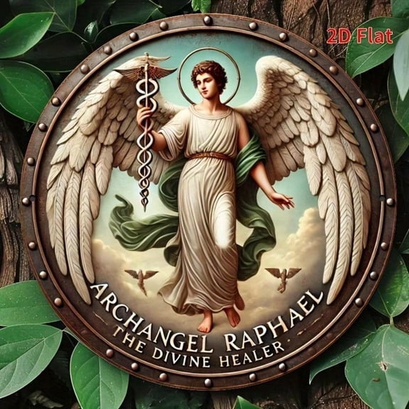 HELLOYOUNG Retro Metal Wall Art St. Raphael Angel Circle 2D Flat Design Trending European Home Decor, Unique Gift for Living Room