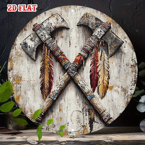 HELLOYOUNG Retro Native Tomahawks Metal Sign 7.8x7.8in Rustic Aluminum Round Wall Art Vintage Frameless Decor for Home Bar Man Cave