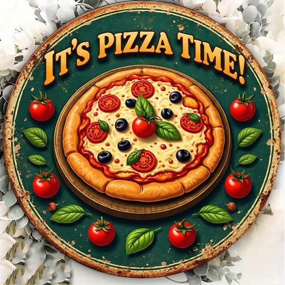 HELLOYOUNG Retro Pizza Wall Art 8x8 Inch Round Metal Sign, 2D Flat Decorative Plaque for Kitchen Restaurant Bar Home Decor, Delicious Pizza Party Gift