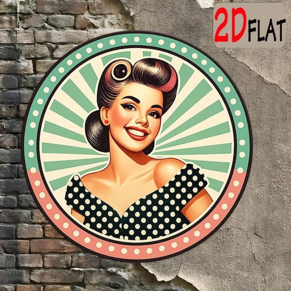 HELLOYOUNG Retro Pop Smile Lady Tin Sign 20x20cm - Round Aluminum Metal Wall Art Decor for Restaurant Study Outdoor