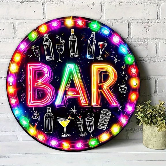 HELLOYOUNG Retro Round Metal Tin Sign 20x20cm Neon Glow Bar Pub Wall Art for Living Room Garage Outdoor Decor
