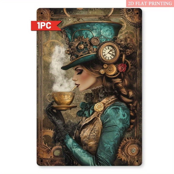 HELLOYOUNG Retro Steampunk Metal Wall Art 8x12 Inch Victorian Gear Sign for Home Decor, Vintage Room Decoration, Gift for Tea Lovers, Elegant Metal Tin Poster