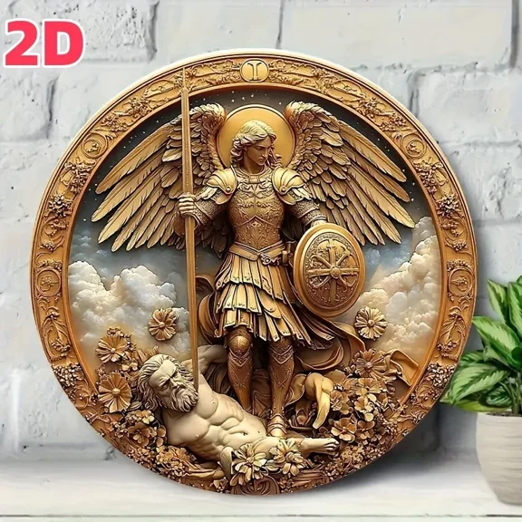 HELLOYOUNG Retro Style St. Michael Archangel Sword Wall Art Metal Plaque Home Decor Living Room Bedroom Office Gold Finish
