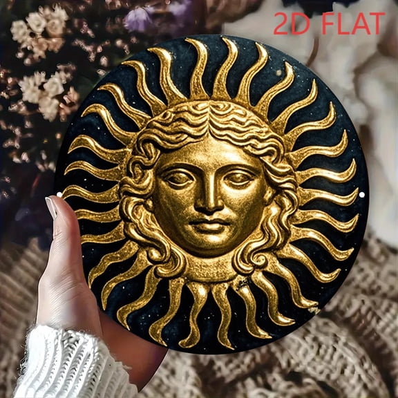 HELLOYOUNG Retro Sun Wall Art 8x8 Inch Aluminum Sign, Gold Sun Black Background Round Metal Art, Frameless Home Bar Cafe Decor, Halloween Christmas Gift