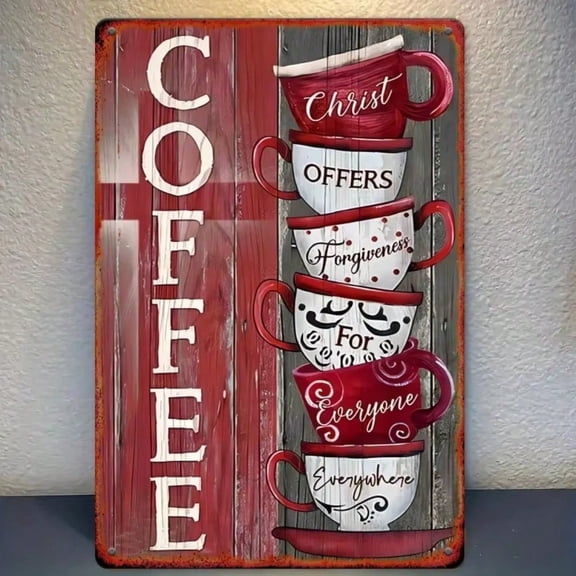 HELLOYOUNG Retro Tinplate Coffee Cup Stack Sign Rustic 8x12" Metal Wall Decor Red & White Mugs Vintage Wood Background Durable Indoor