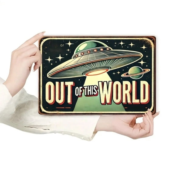 HELLOYOUNG Retro UFO Metal Wall Art 8x12 Inch 2D Flat Nostalgic Tin Sign Cosmic Design for Bar Home Decor