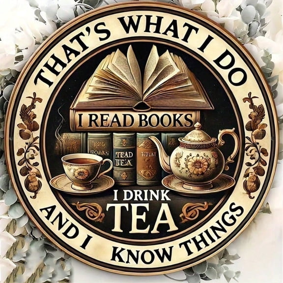 HELLOYOUNG Retro Vintage Metal Tin Sign Round Wall Art Rustic Aluminum Decoration Books Tea Theme for Home Bar Cafe Library