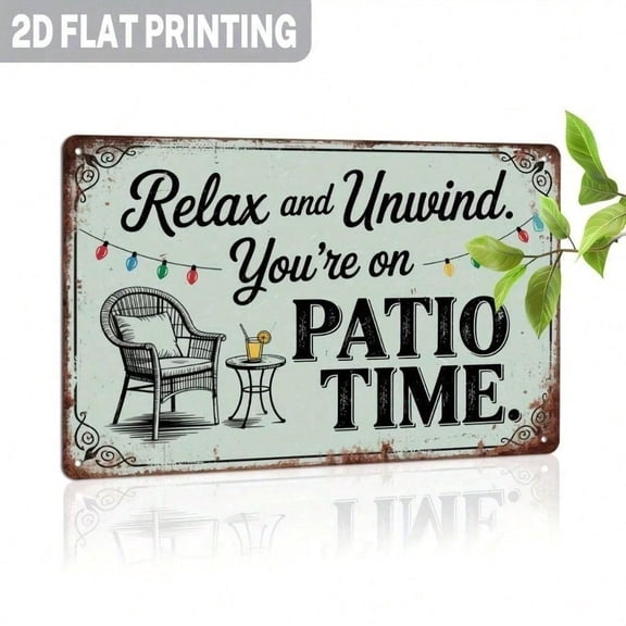 HELLOYOUNG Retro Vintage Metal Wall Sign with LED String Lights, "Relax & Unwind You're on Patio Time" Rustic 2D Flat Outdoor Art Decor for Patio Bar Garage