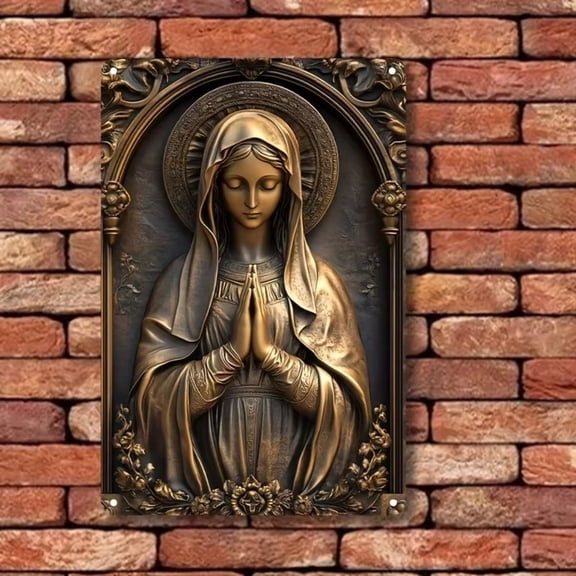 HELLOYOUNG Retro Virgin Mary Tin Plate Painting Vintage Bronze Metal Wall Sign, 1PC Art Decor for Bar Restaurant Living Room