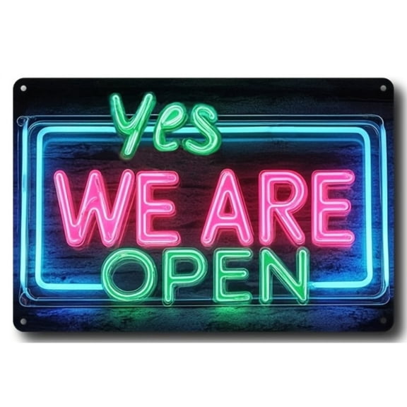 HELLOYOUNG Retro "We're Open" Neon Metal Sign 8x12 Inch, Waterproof Blue Green Wall Decor for Home Cafe Garage