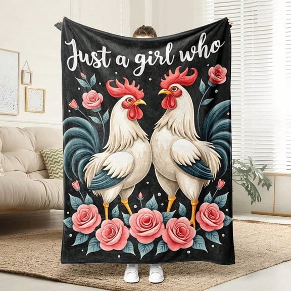 HELLOYOUNG Rooster Printed Fleece Blanket Soft Plush Throw Cozy Farm Animal Theme Pink Roses Floral Design Lightweight Polyester Blanket for Bed Couch