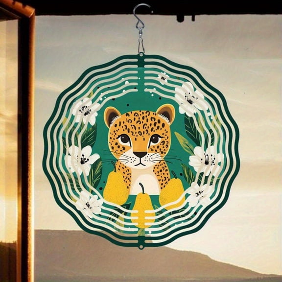 HELLOYOUNG Rotating Leopard Floral Wind Chime 360 Kinetic Metal Art, Vibrant Blooms & Bold Leopard Print, Weather-Resistant Patio Decor for Christmas Thanksgiving Garden Gift