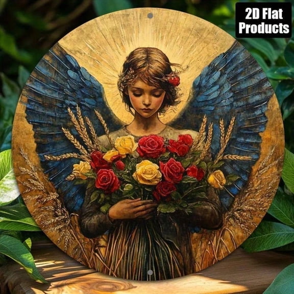 HELLOYOUNG Round Blue Angel Wings Metal Wall Art, 2D Hanging Sign for Home Bar Cafe Office Decor, 8x8 Inch Spiritual Gift Rustproof