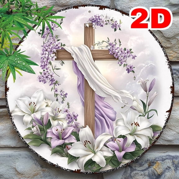 HELLOYOUNG Round Easter Wreath Wall Decor, 2D Aluminum Wall Art with Cross Lily Design, Religious Spiritual Home Gift Sign