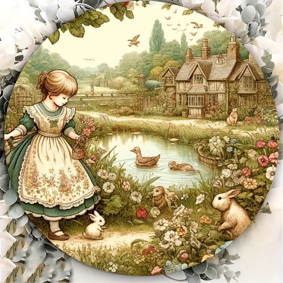 HELLOYOUNG Round Metal Sign with Rabbit & Easter Eggs | Classic French Country Rabbit Wall Art| Ideal for Home/Office,Wall Decor | Material