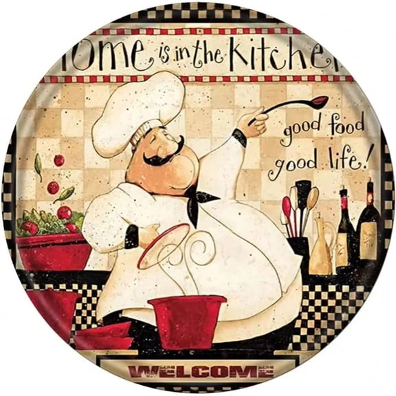 HELLOYOUNG Round Metal Tin Sign Chef Wreath Rustic Wall Decor for Home Kitchen Bar Cafe Garage Retro Vintage