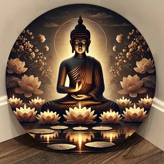 HELLOYOUNG Round Metal Wall Art Lotus Ornament for Home Dcor, Buddhist Zen Meditation Decor 20x20 Cm, Glowing Candle Holder Decoration for Indoor Outdoor Living Room Bedroom Bathroom Kitchen Bar Caf