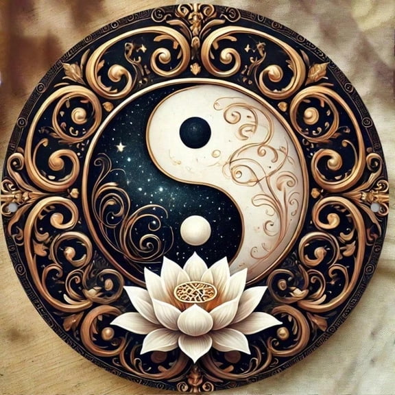 HELLOYOUNG Round Metal Wall Art Lotus Yin Yang Harmony Vintage Style HD Print Waterproof for Indoor Outdoor Easy Hang Home Garden Bar Cafe Gift