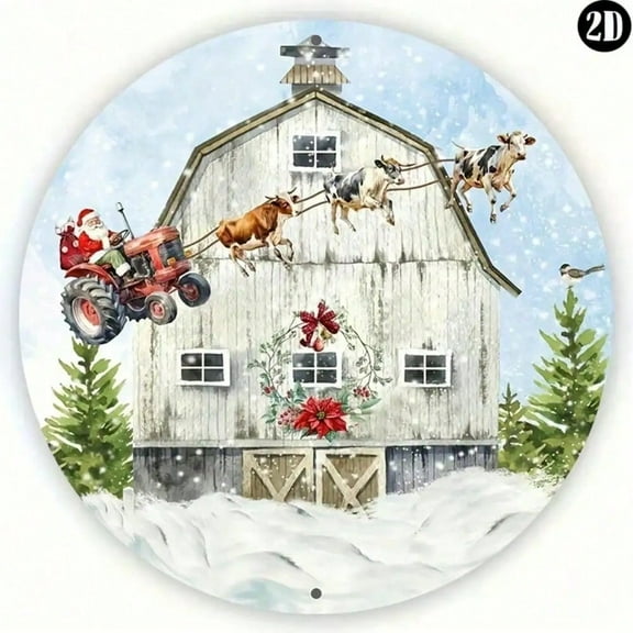 HELLOYOUNG Round Santa Claus Tractor & Flying Cows Wreath, Pre-Drilled Weatherproof Metal Sign, Ideal Indoor Art for Christmas