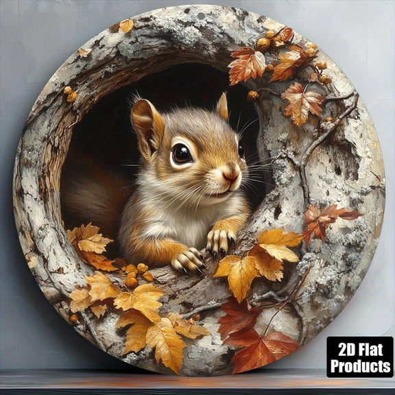 HELLOYOUNG Round Squirrel Metal Wall Sign Decor, 8x8 Inch Tree Hole Art, Aluminum Rustic Home Bar Cafe Wall Art, Housewarming Holiday Gift