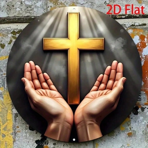 HELLOYOUNG Round Vintage Aluminum Sign, Cross Praying Hands Wall Decor for Home Bedroom Decor