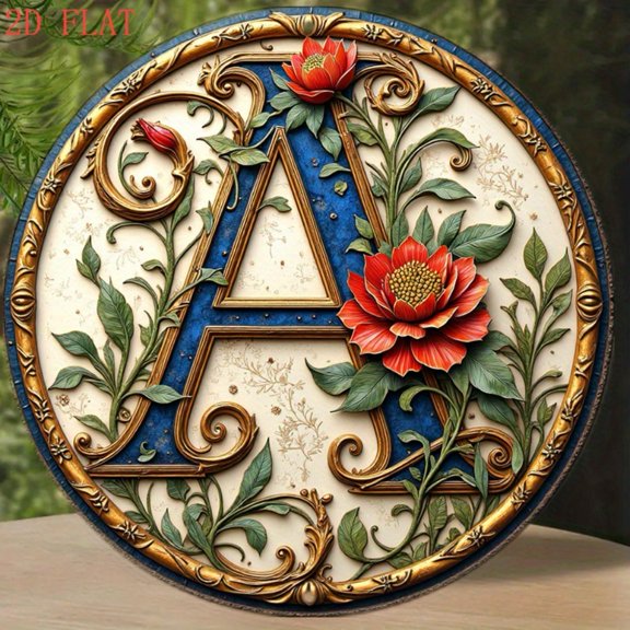HELLOYOUNG Round Vintage Aluminum Sign, Floral Monogram Letter A Retro Wall Art