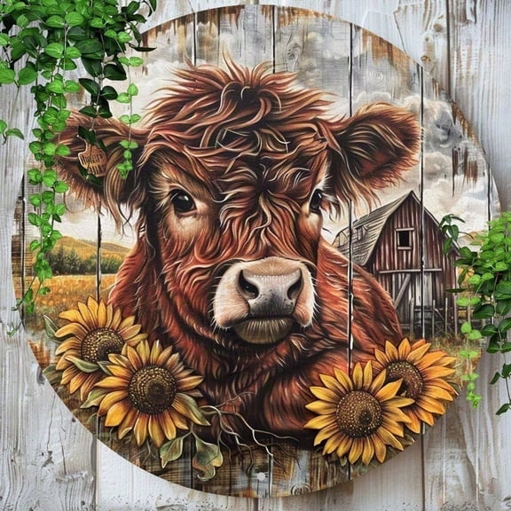 HELLOYOUNG Round Vintage Aluminum Sign, Highland Cow Sunflower Barn Farmhouse Wall Deco