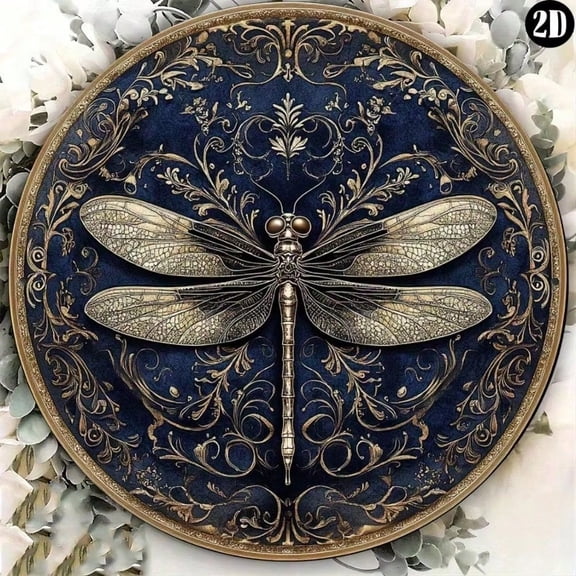 HELLOYOUNG Round Vintage Dragonfly & Flower Metal Plaque Wall Decor for Home/Cafe/Garage, Great Room/Living Room/Kitchen House Decoration