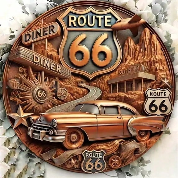 HELLOYOUNG Route 66 Metal Sign 8x8 Inch, Vintage Rusty Retro Tin Wall Decor for Garage Bar Man Cave Kitchen, Rustic American Highway Ornament