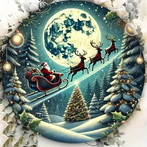 HELLOYOUNG Rustic 2D Round Iron Metal Panel with Santa Claus and Sleigh Design - Perfect Decor for Doors and Walls