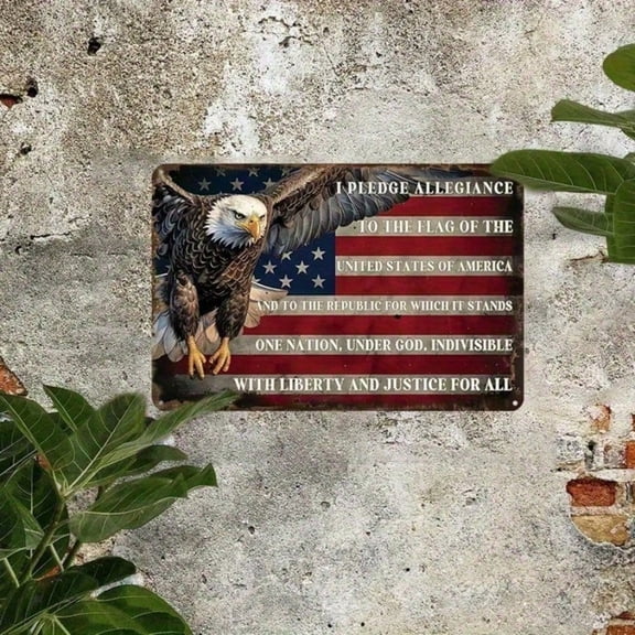 HELLOYOUNG Rustic American Flag Metal Wall Decor 8x12 Inch, Vintage Patriotic Eagle & Pledge of Allegiance Plaque, Home Cafe Bar Wall Art Decor