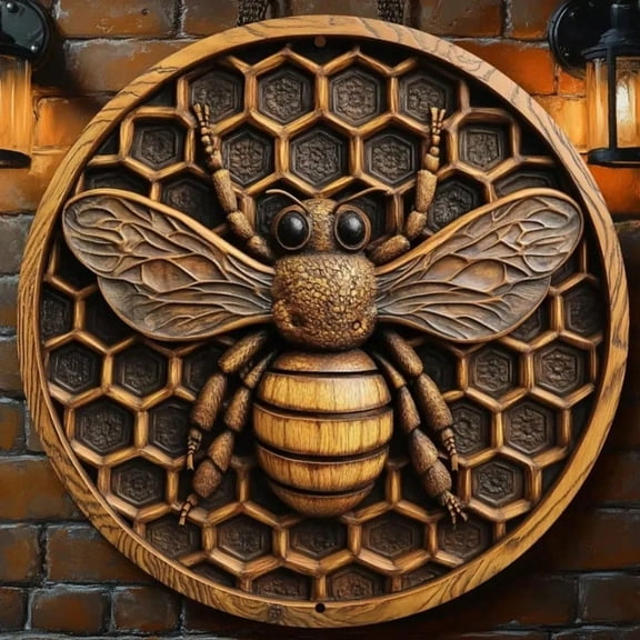 HELLOYOUNG Rustic Bee Wall Art Vintage Honeycomb Carving Metal Decor for Home Caf, Intricate 3D Bumblebee Sculpture, Farmhouse Hanging Sign