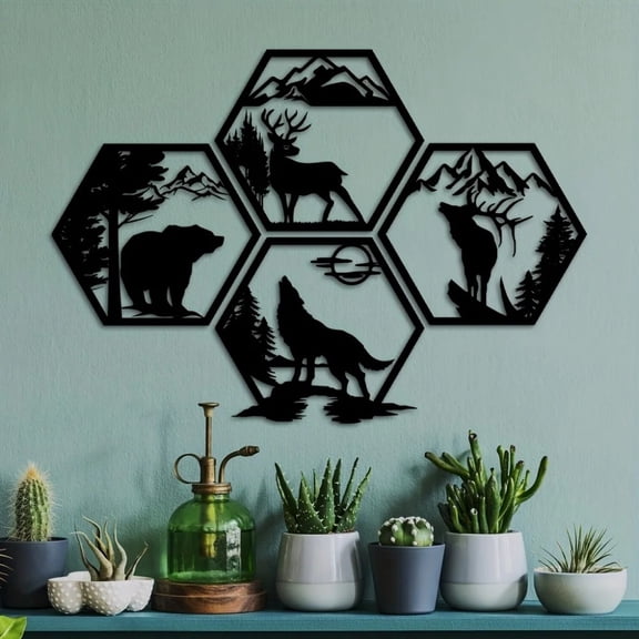 HELLOYOUNG Rustic Black Metal Wall Art Set of 3 - Hexagonal Forest Animal Decor with Deer Bear Moose, Nature Modern Farmhouse Decor for Living Room Cabin Lodge Halloween Christmas Gift