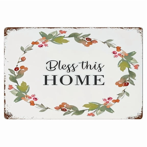 HELLOYOUNG Rustic Bless This Home Metal Tin Sign Vintage Floral Wreath Wall Art Outdoor Garden Decor 20.32x30.48cm Durable Iron Unframed