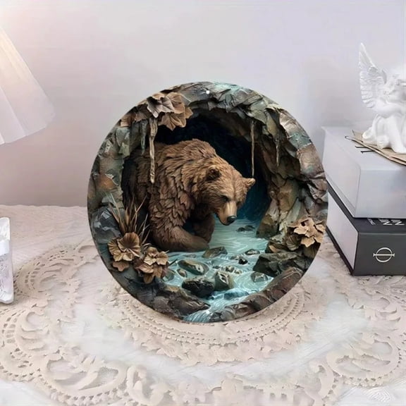 HELLOYOUNG Rustic Brown Bear Cave Aluminum Wall Sign - Round, UV/Scratch Resistant, Easy-Hang, Indoor Outdoor Decor