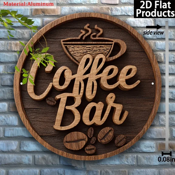 HELLOYOUNG Rustic Coffee Bar Metal Wall Art, 7.87" Round Aluminum Sign with Cursive Lettering & Coffee Bean Motif, Farmhouse Decor for Home Cafe Kitchen