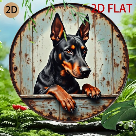 HELLOYOUNG Rustic Doberman Metal Wall Art Retro Round Sign Rust Effect Hook Mount Wall Decor for Home Garage Cafe