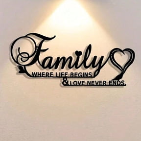 HELLOYOUNG Rustic Family Wall Sign "Where Life Begins & Love Never Ends" Metal Art, Vintage Cursive Script with Hearts, Waterproof & Rustproof, Easy To Hang for Living Room Bedroom Bathroom