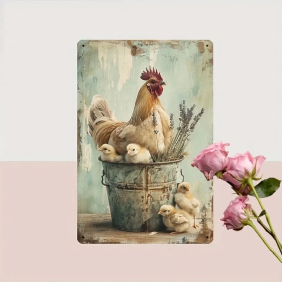 HELLOYOUNG Rustic Farmhouse 2D Metal Tin Sign with Whimsical Chicken & Chicks Design for Ranch, Home Garden