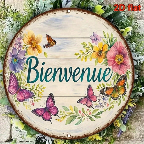 HELLOYOUNG Rustic French Bienvenue Sign Wall Decor Vintage 8x8 Inch Round Floral Wreath Fleur De Lis Plaque Farmhouse Welcome