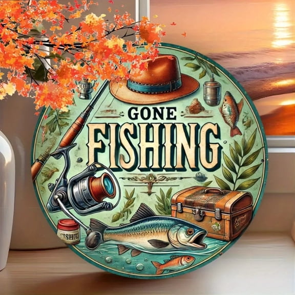 HELLOYOUNG Rustic 'Gone Fishing' Round Metal Sign - Durable Waterproof Wall Art, Easy-Hang Indoor/Outdoor Decor for Home Office Bar