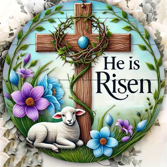 HELLOYOUNG Rustic He Is Risen Easter Sign Religious Wooden Wall Decor Farmhouse Plaque with Cross and Lamb Wreath