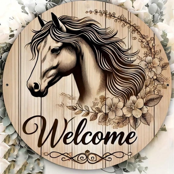 HELLOYOUNG Rustic Horse Welcome Sign for Front Door, 8x8 Inch Vintage Floral Tin Metal Wall Art Decor, Aluminum Porch Entrance SignPlaques & Signs Wall Panels