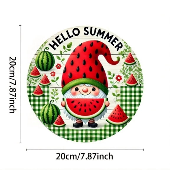HELLOYOUNG Rustic Iron Round Wall Decor 8x8" Hello Summer Gnome Watermelon Design, Festive Plaque for Home Garden Kitchen Bar