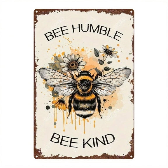 HELLOYOUNG Rustic Metal Flower Wall Decor 8x12 Inch, Bee Humble Bee Kind Farmhouse Sign, Minimalist Hanging Board for Home Living Room Entryway, Unique Elegant Gift