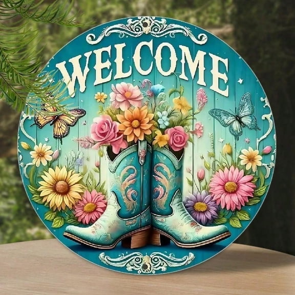 HELLOYOUNG Rustic Metal Wall Art Round 8x8 Inch Western Cowboy Boots Floral Butterfly Decor for Farmhouse Living Room Entryway