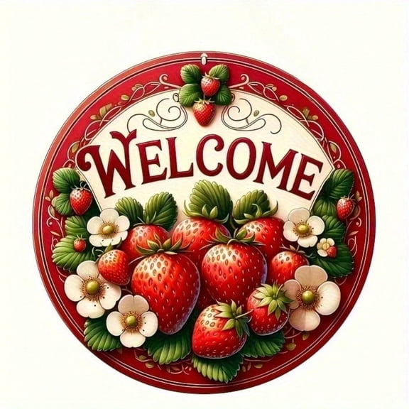 HELLOYOUNG Rustic Red Strawberry Wooden Welcome Sign for Front Door, Kitchen Wall Art Decor Hanging, Farmhouse Aesthetic TikTok Viral Trending, Best-Selling